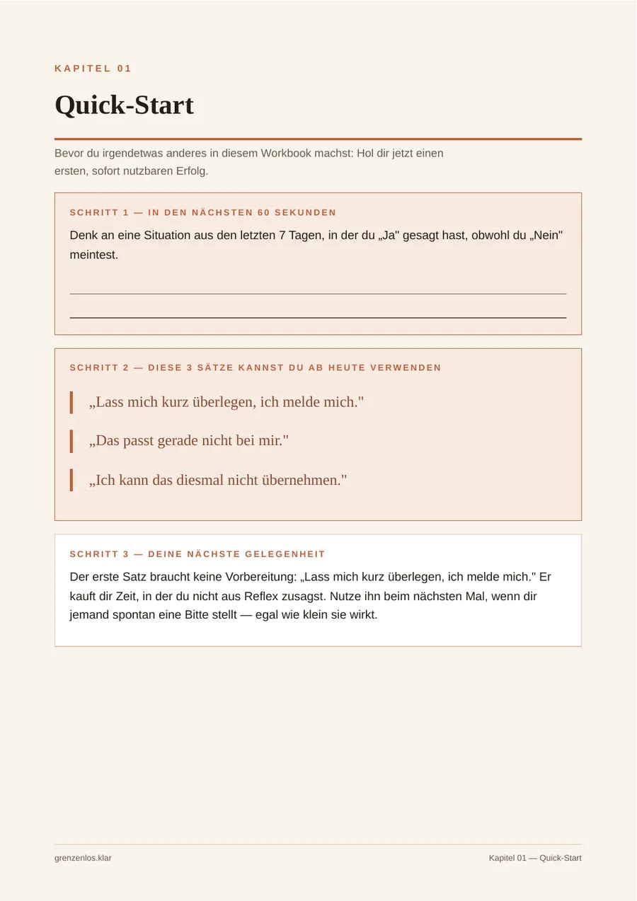 Echte Quick-Start-Seite des Workbooks